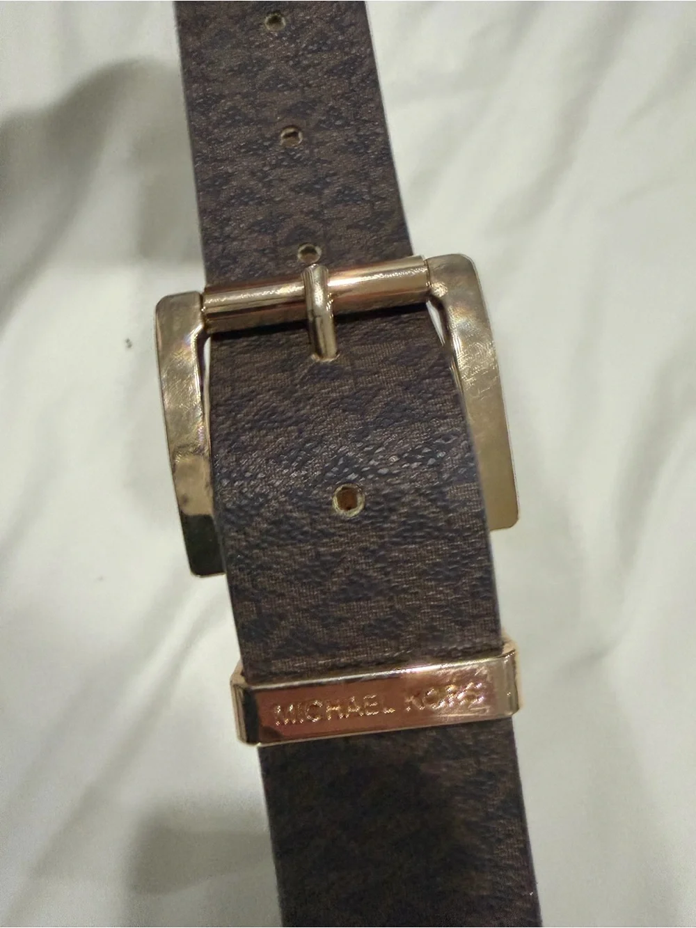 Michael Kors Brown Logo-Print Belt with Gold Buckle